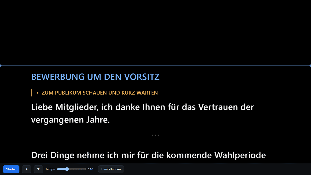 Teleprompter: Der Redetext am Pult, groß und ruhig, mit Lesezeile. Auf Wunsch hört er mit und folgt dem Gesprochenen.
