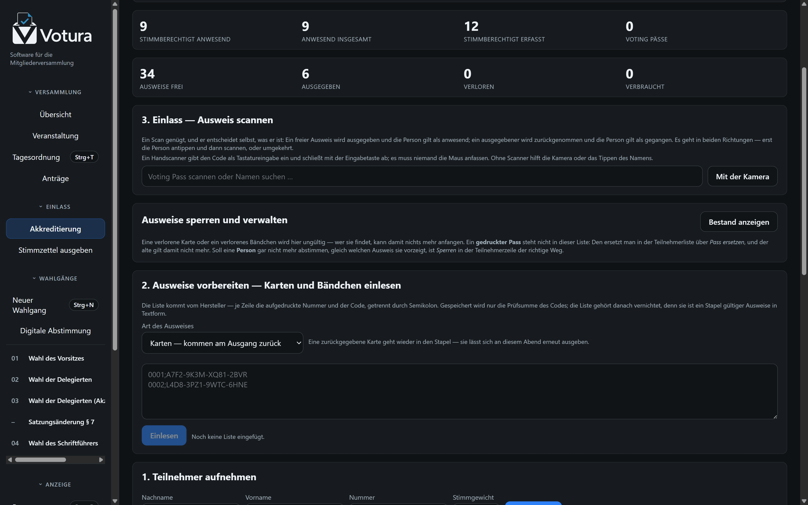 Akkreditierung: Wer da ist und wer mitstimmen darf: Teilnehmer, Anwesenheit und Ausweise an einer Stelle.